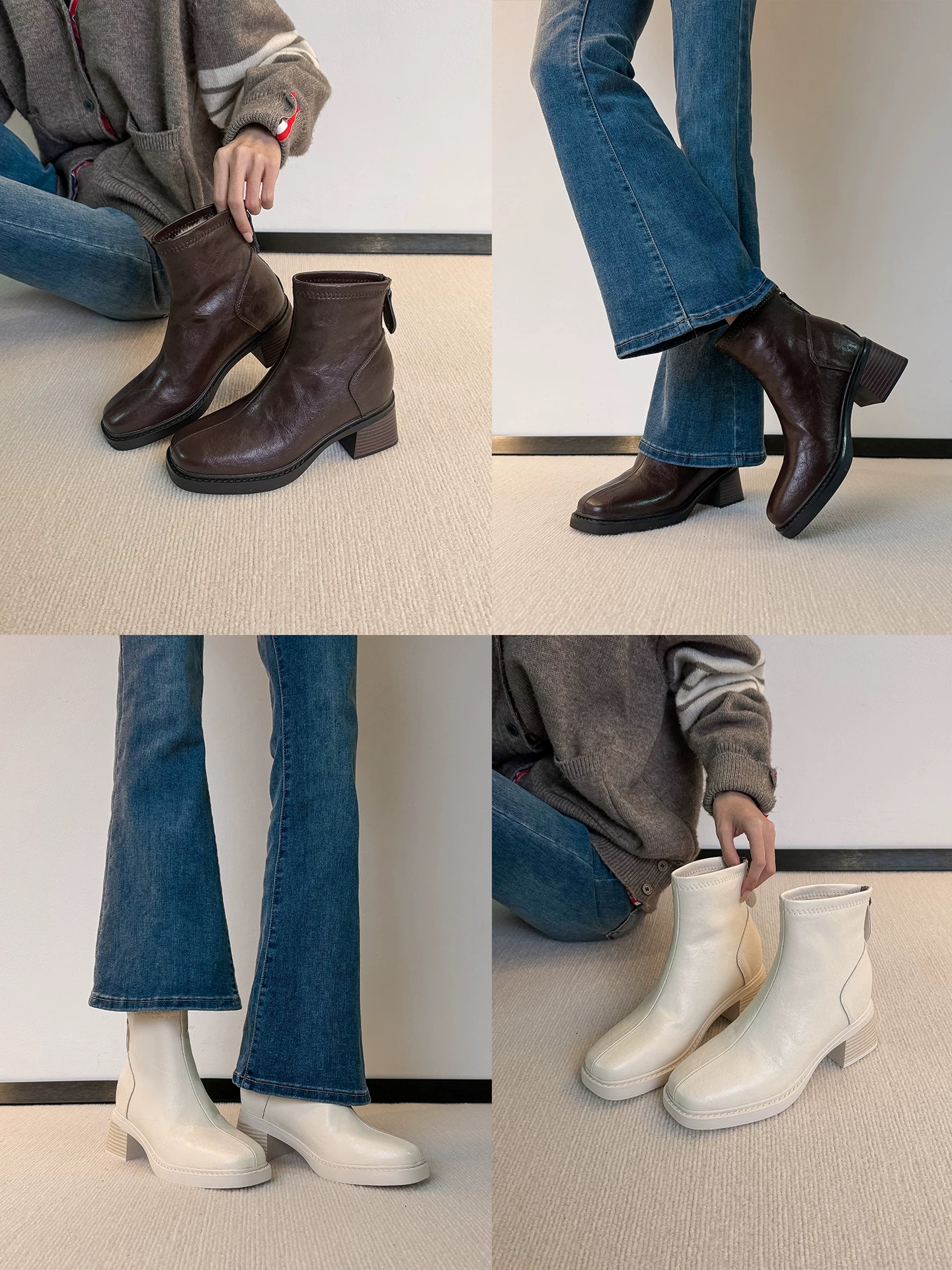 2025新款粗跟短靴女瘦瘦靴高跟鞋马丁靴复古方头短筒靴