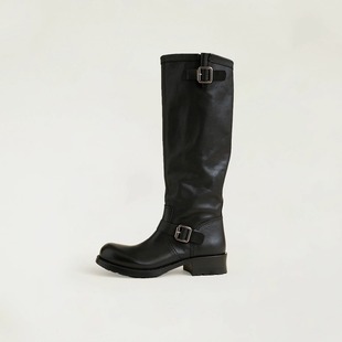 割草机老k 水染牛皮 双排扣中跟厚底英伦风不过膝靴长靴骑士靴女