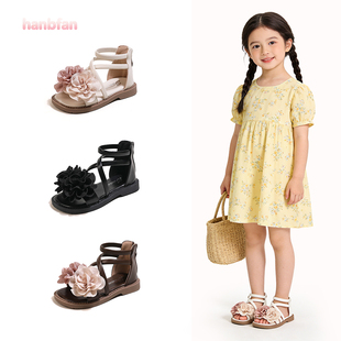 女童凉鞋2026夏季新款儿童花朵公主鞋子中大童软底高帮露趾罗马鞋