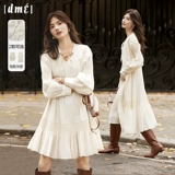 Белое осеннее платье, V-образный вырез, изысканный стиль