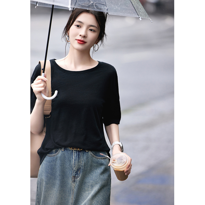 简约纯色短袖T恤女2025夏季新款圆领半袖韩版宽松显瘦百搭上衣