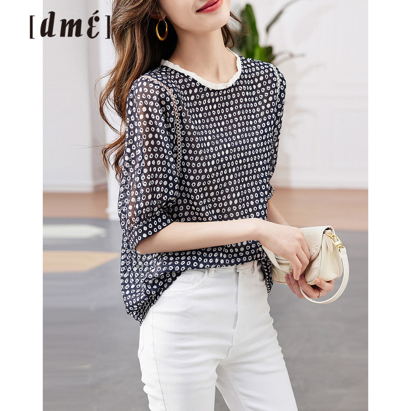 德玛纳圆点印花短袖衬衫女2023夏季新款蕾丝拼接圆领气质时尚上衣