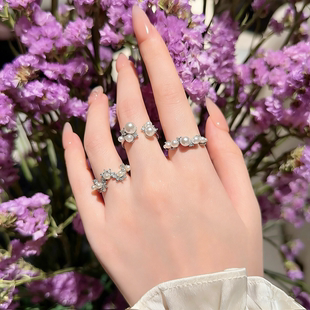 法式温柔珍珠镶钻戒指小众设计感叠戴开口指环2026新款潮流配饰女
