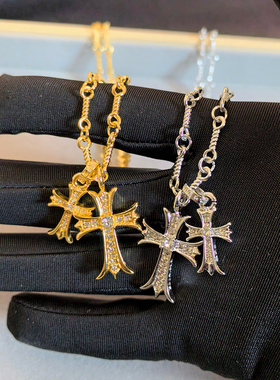 欧美情侣款镶钻金色十字架项链