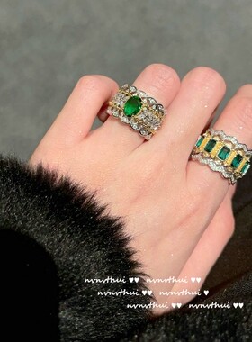 时髦复中古风祖母绿宝石戒指女高级感轻奢小众设计气质夸张食指戒
