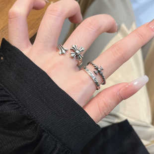 韩国小众复古十字架戒指女ins潮网红时尚 开口可调节食指戒子 个性
