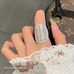 新中式花纹宽面戒指女纯银复古小众高级感民族风夸张时髦大食指戒