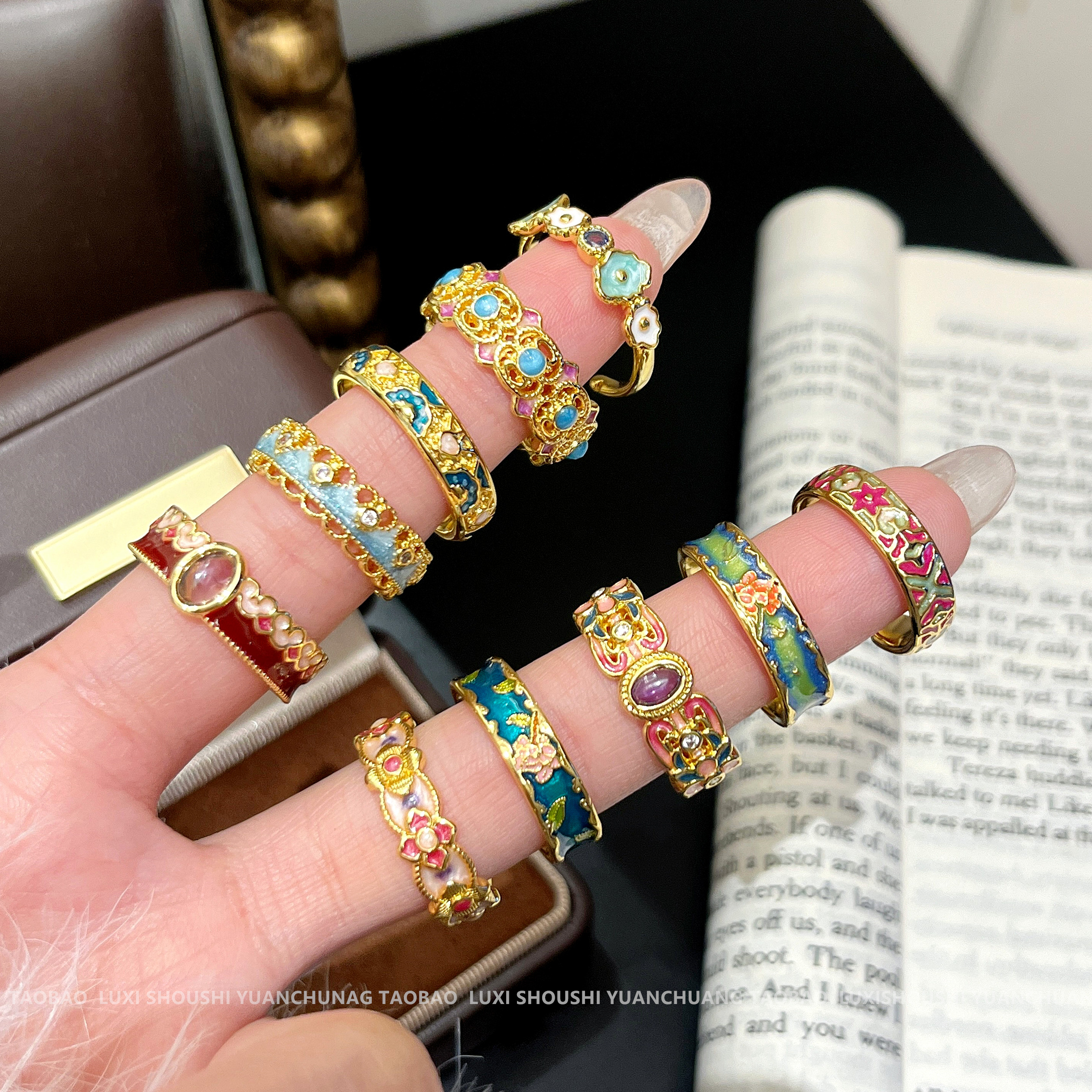 设计师款国潮风油画花朵戒指女