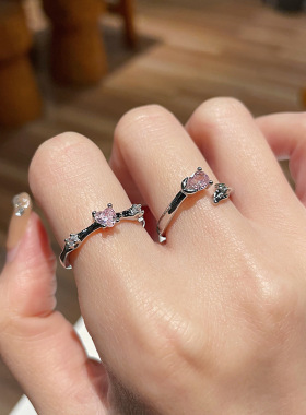 粉色锆石玫瑰花爱心戒指女甜美