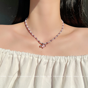 俏皮可爱 粉色腊肠小狗珍珠项链女小众设计百搭少女感百搭锁骨链