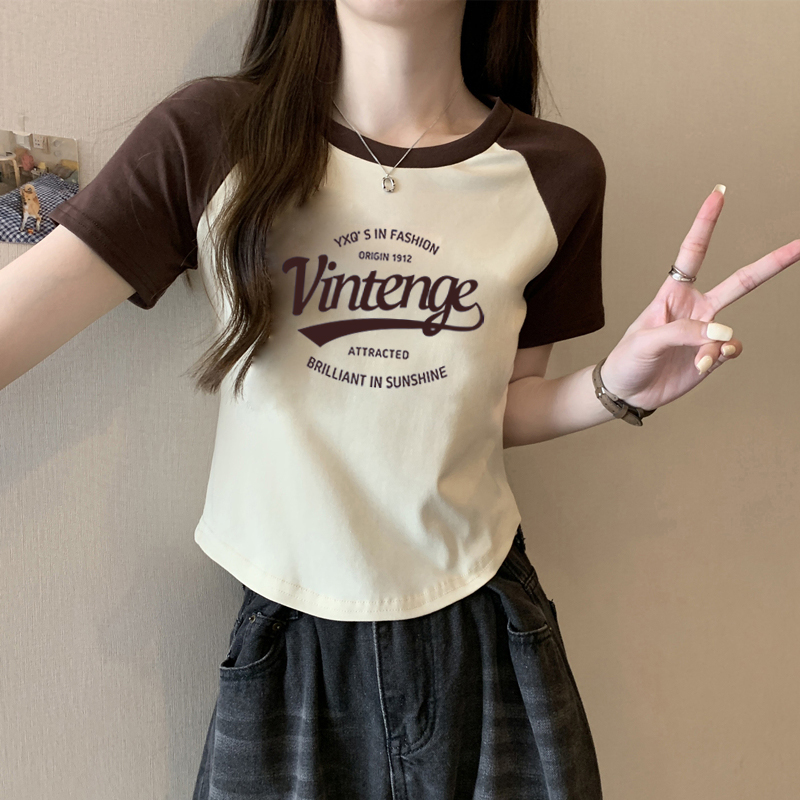 短袖t恤女2025新款纯棉不规则上衣短款设计感弧形下摆印花女装夏