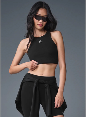 ALO黑色工字型运动背心女瑜伽健身无袖美背螺纹上衣运动吊带百搭