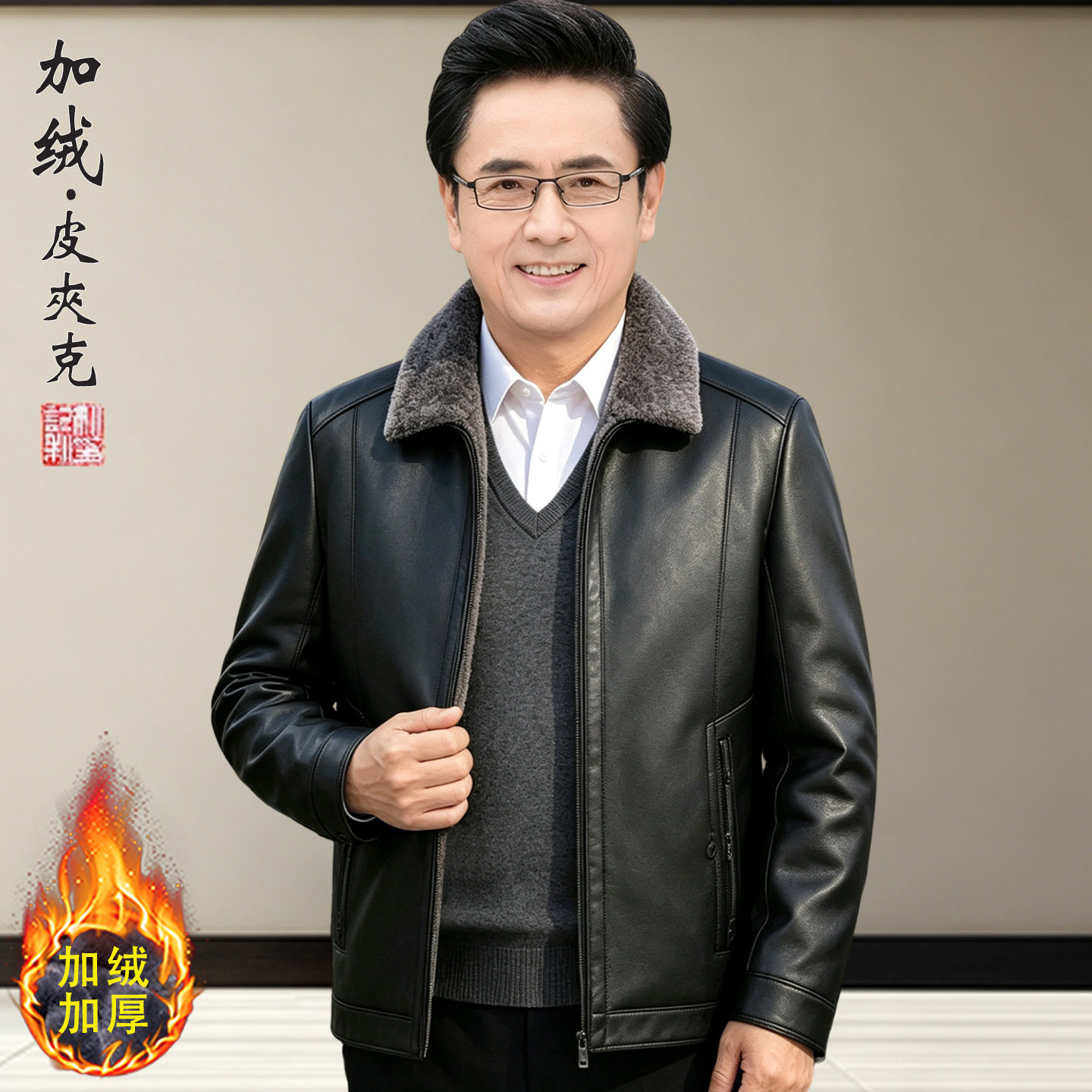 加绒加厚皮衣男中年爸爸秋冬季皮夹克外套短款中老年人爷爷皮棉袄