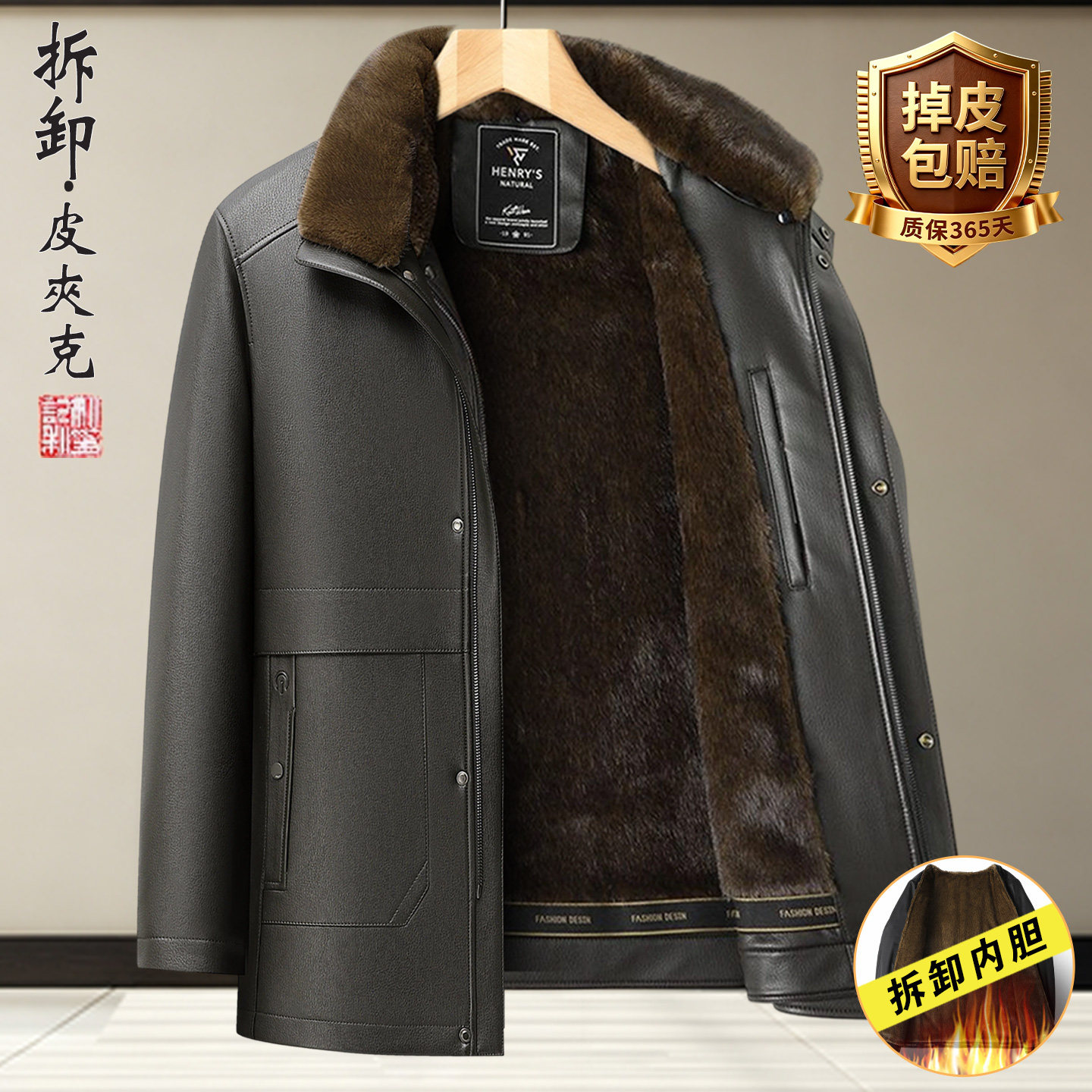 拆卸内胆皮衣男加绒加厚爸爸装冬季皮夹克外套中老年人爷爷皮棉袄