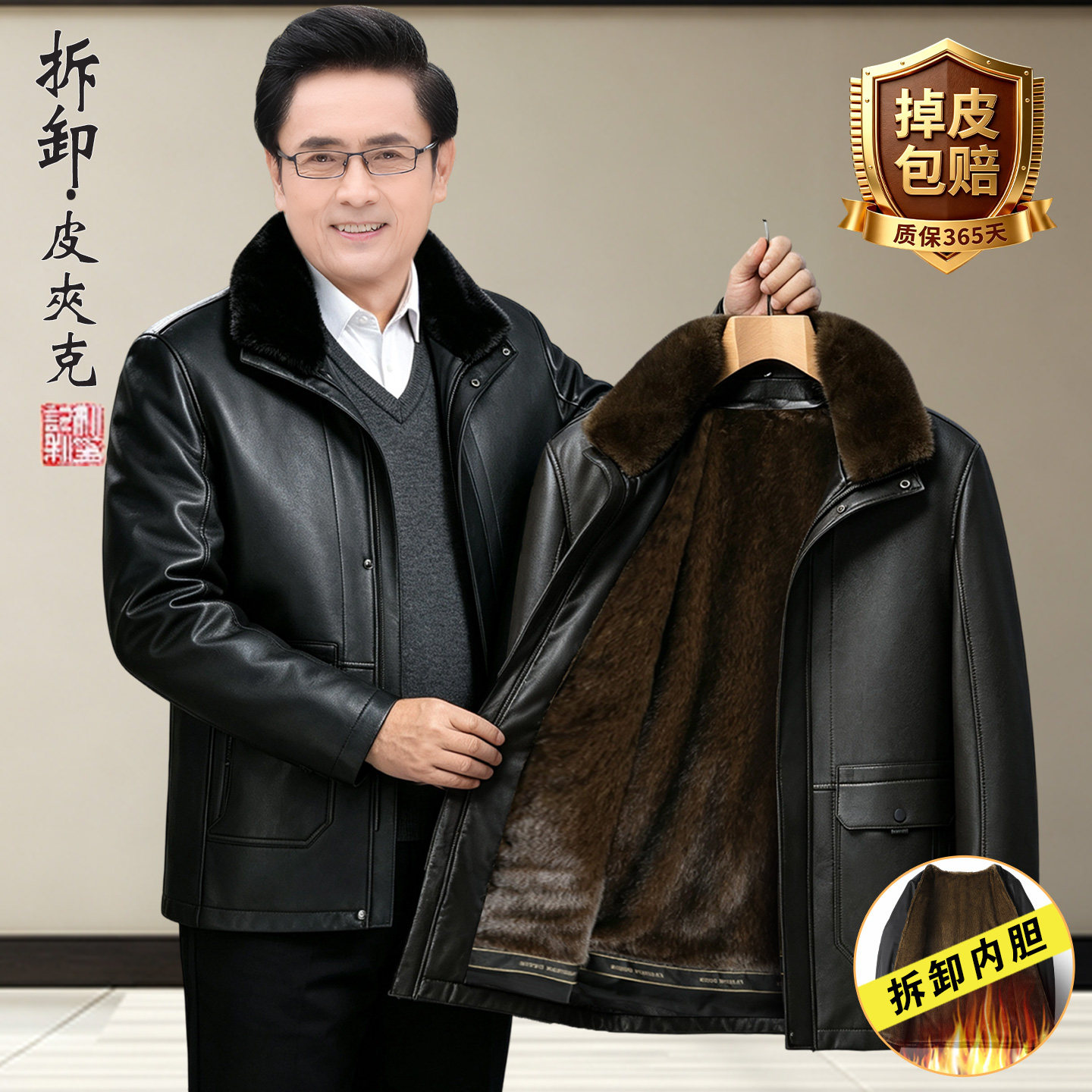 中老年皮衣男加绒加厚爸爸冬季皮夹克外套50到60岁老人爷爷皮棉袄
