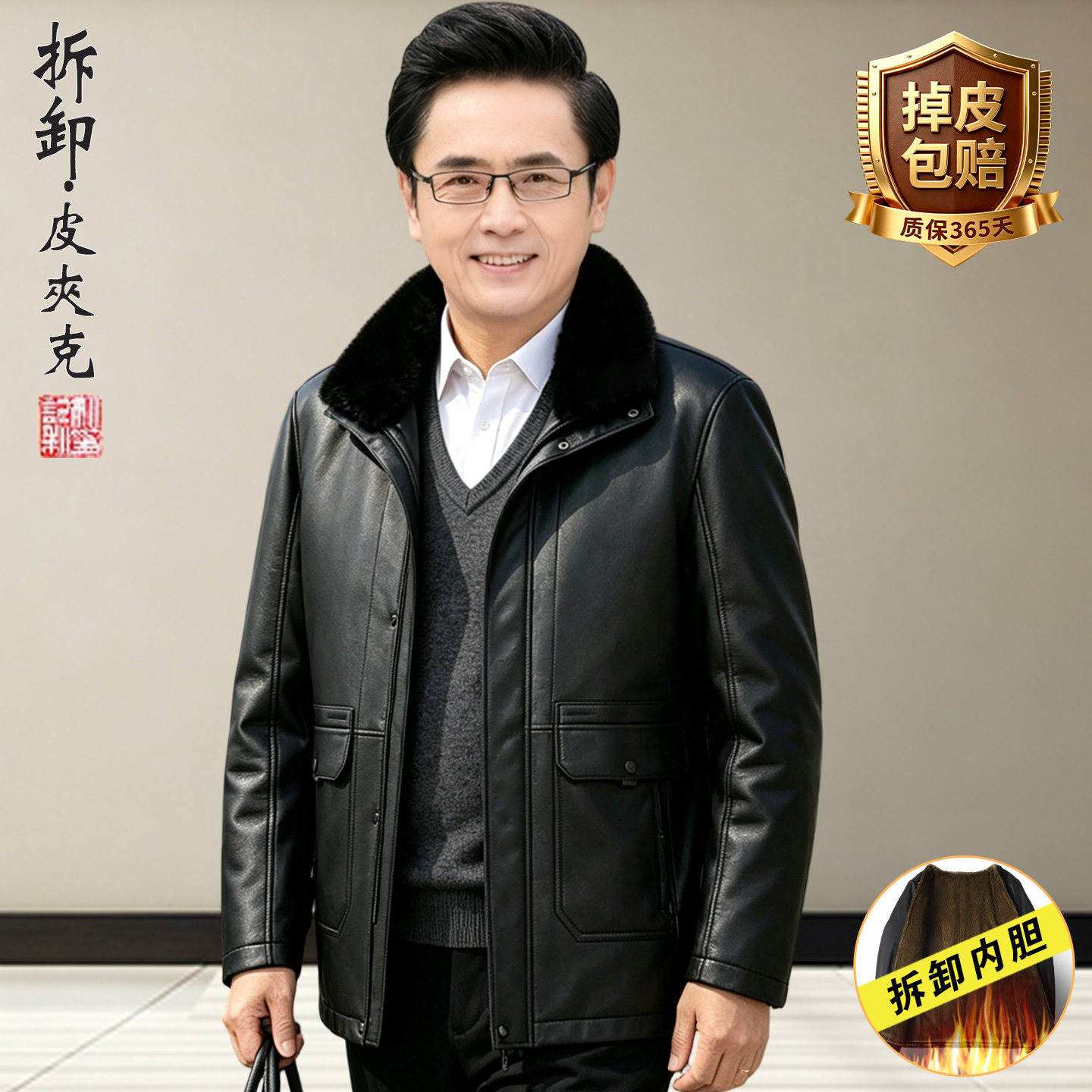 拆卸内胆皮衣男加绒加厚爸爸装冬季皮夹克外套中老年人爷爷皮棉袄