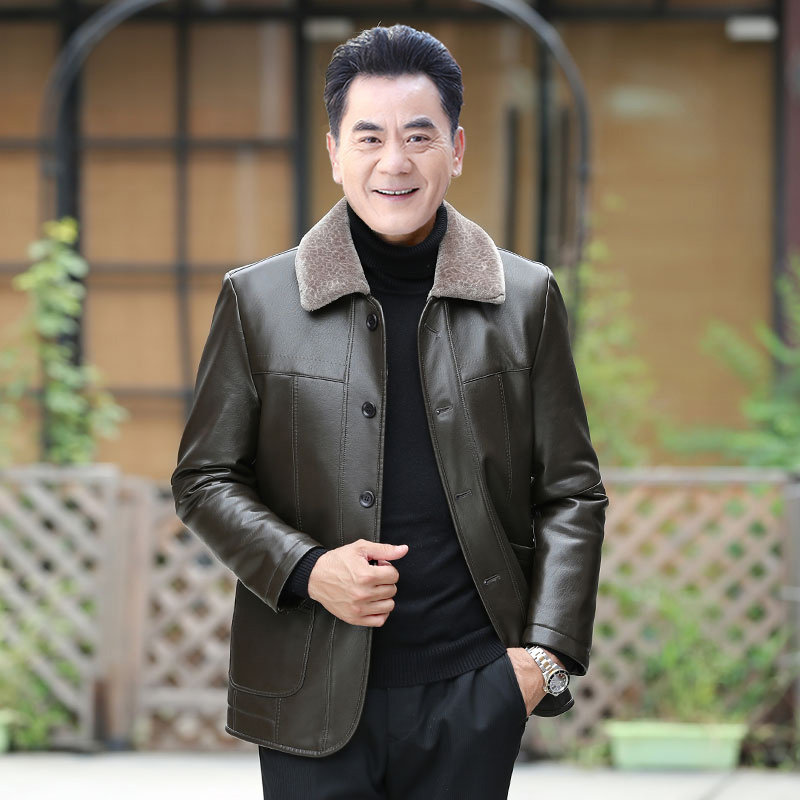 中老年皮衣男加绒皮毛一体pu