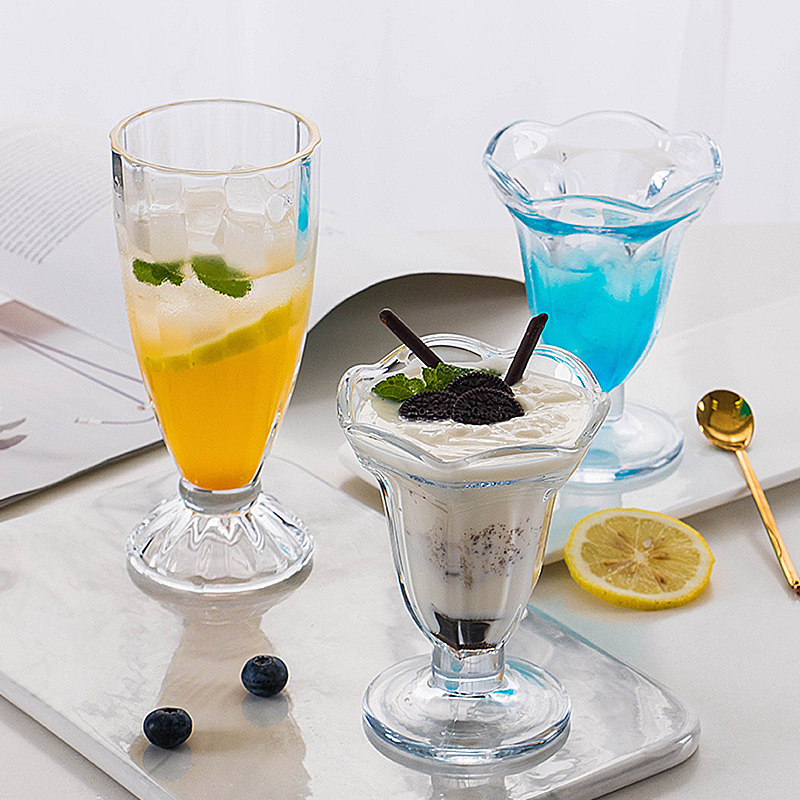 甜品杯刻花圆形冰淇淋玻璃商用高脚果汁奶茶杯网红女可爱饮料杯子