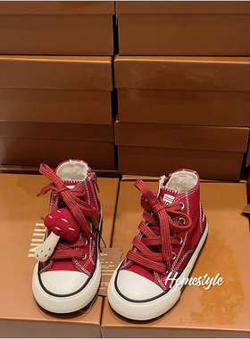 inuu 春秋款柔软高帮帆布鞋侧拉链红色小蘑菇百搭好穿软底