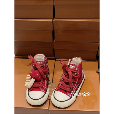 inuu 春秋款柔软高帮帆布鞋侧拉链红色小蘑菇百搭好穿软底