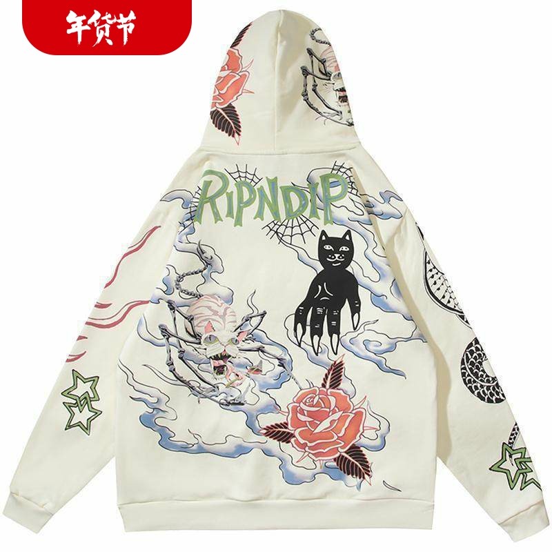 美国潮牌RIPNDIP贱猫卫衣 男女情侣款 恶搞风妖怪涂鸦 加绒外套