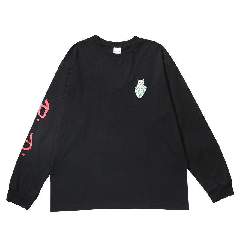 春秋装 美国潮牌ripndip 贱猫中指猫长袖t恤 丛林树叶 男女情侣款