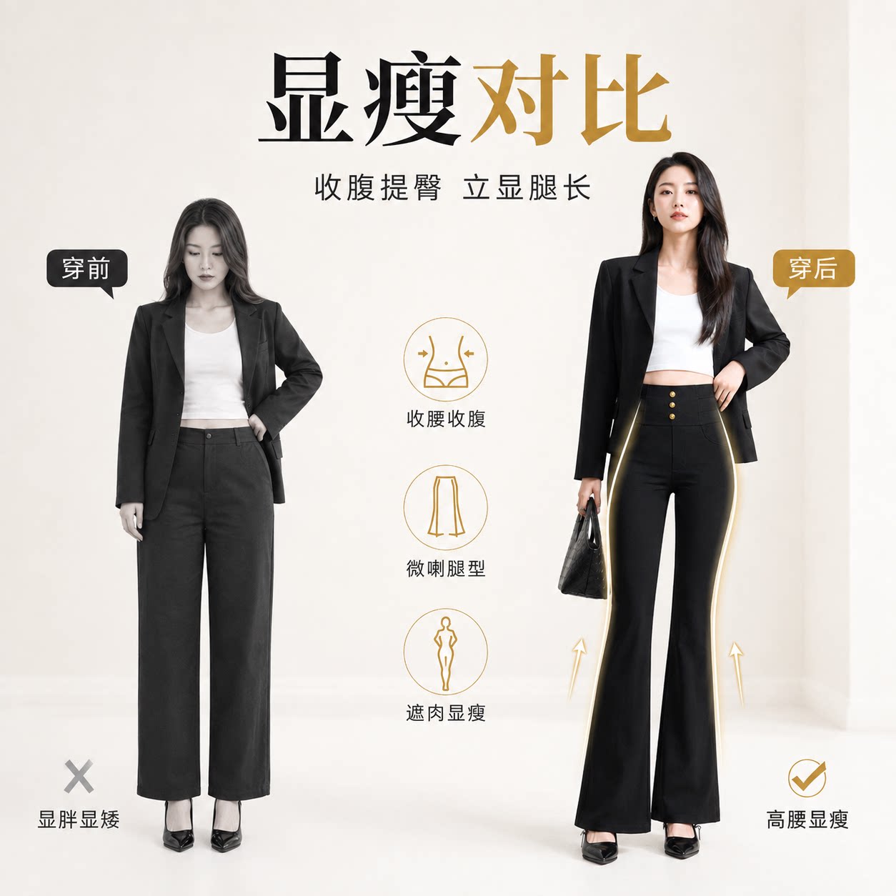 秋季新款薄款收腹微喇叭裤女高腰大弹力修身显瘦松紧腰微喇叭裤
