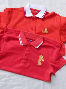 140-150码男女童儿童红色米奇米妮刺绣POLO衫短袖T恤衫春夏季上衣