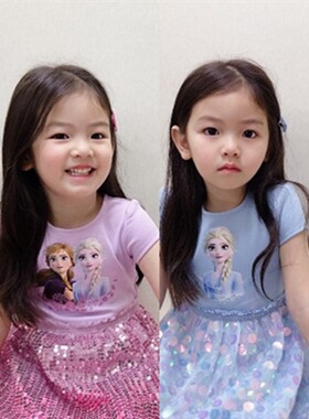 100-150码女童冰雪奇缘2艾纱安娜短袖亮片连衣裙公主裙礼服裙夏装