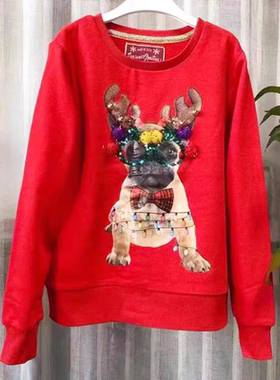 130-140男女儿童外单出口圣诞小狗新年红色加绒卫衣套头休闲上