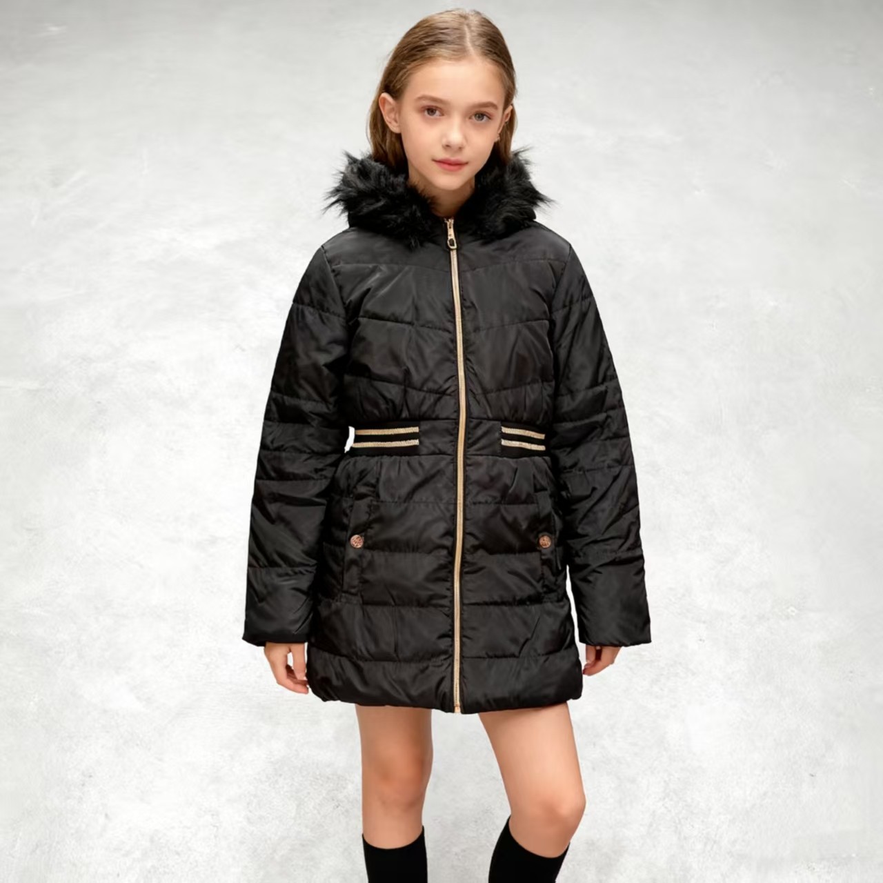 外贸出口欧美单女童儿童中长款时尚保暖棉衣棉袄外套