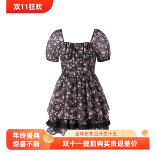 【商场同款】甜美欧根纱印花连衣裙23年夏季黑色碎花裙C2FAD2404
