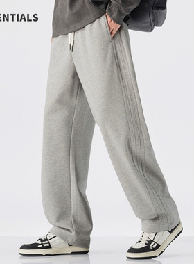 ESSENTIALS三条杠灰色运动裤男士2025宽松直筒秋冬季加绒加厚卫裤