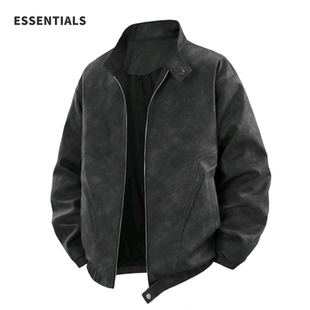宽松立领机车夹克复古潮流休闲皮衣外套 韩版 ESSENTIALS新款 男士