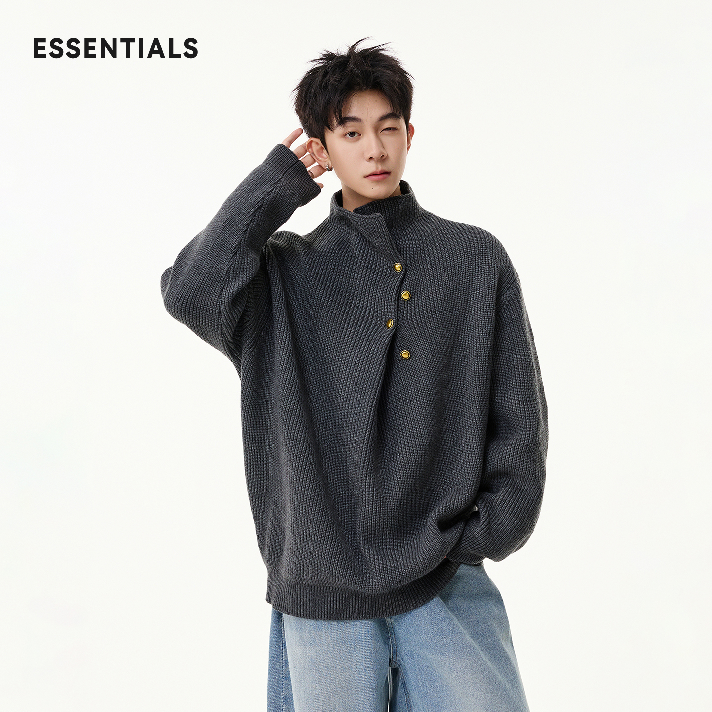 ESSENTIALS男纽扣半高领毛衣