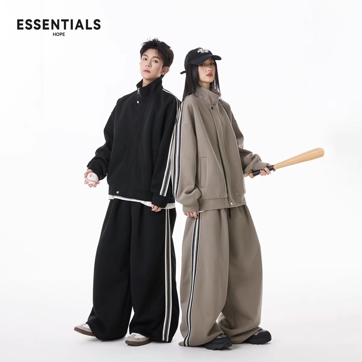 ESSENTIALS HOPE运动风条纹开衫卫衣套装男女宽松休闲卫裤两件套