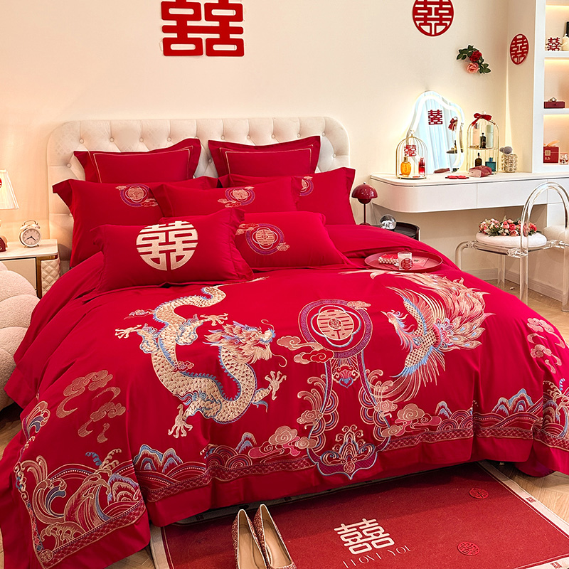 结婚纯棉四件套新婚喜庆大红色刺绣婚嫁陪嫁全棉被套床单床上用品