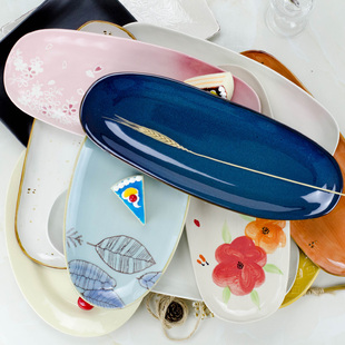 瑕疵餐具日式大长方形椭圆形状创意家用鱼盘鱼碟深鱼盘酸菜手绘