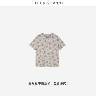 玫瑰碎花圓領短袖 女士休閑氣質松弛時尚 通勤上衣D0265 硬貨哥