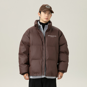 印花PU皮立领棉服男美式字母冬季加厚棉衣潮牌宽松保暖面包服外套