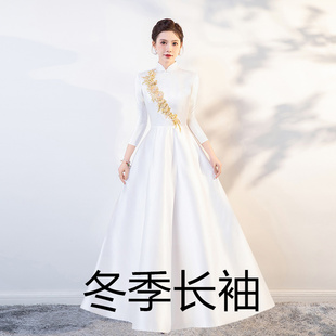 长袖大摆青花瓷长款礼仪服迎宾礼仪小姐服装酒店演出服年会合唱服