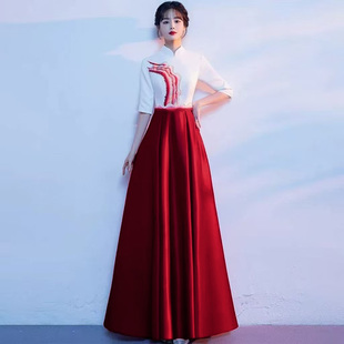 国风大合唱团演出服长裙女新中式民歌独唱晚礼服红色指挥年会旗袍