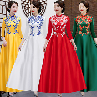 长袖大摆青花瓷长款礼仪服迎宾礼仪小姐服装酒店演出年会礼仪礼服