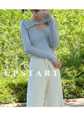 UPSTART早春新款ins风蝴蝶结小心机纯欲镂空长袖打底针织衫