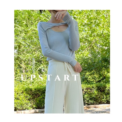 UPSTART早春新款ins风蝴蝶结小心机纯欲镂空长袖打底针织衫