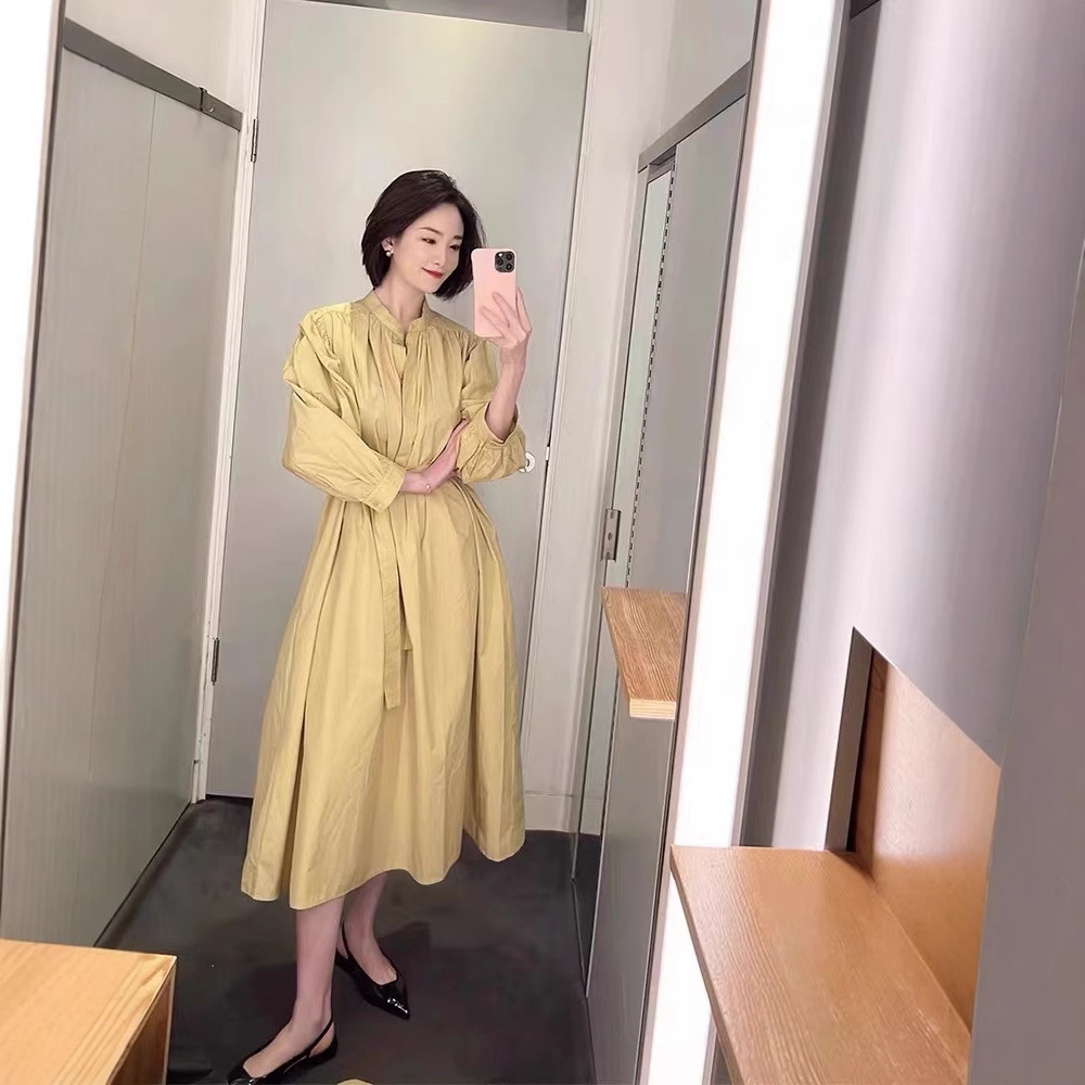 COS风2025春季新品女装两色压褶中长裙休闲棉质宽松中袖连衣裙