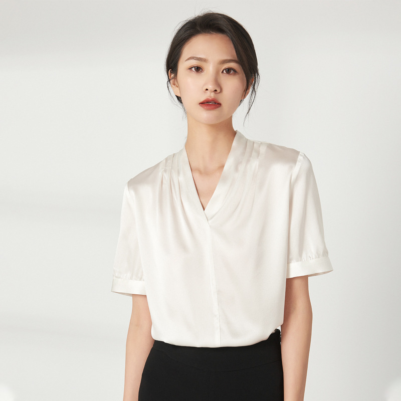 重磅真丝短袖T恤女2024新款桑蚕丝缎面V领上衣丝绸打底OL衬衫汗衫