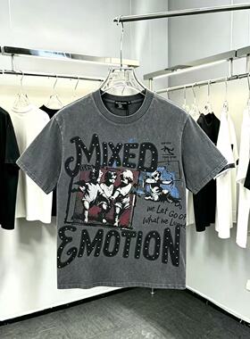 高街潮牌MIXED EMOTION天使烫钻短袖水洗做旧oversize纯棉T恤男女