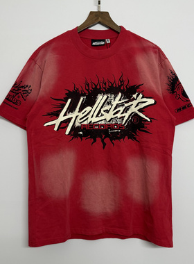 正确版hell地狱之星欧美风街头潮牌T恤水洗做旧男女同款短袖上衣