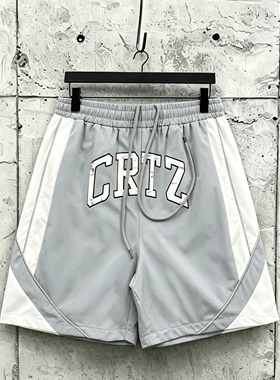 CRTZ字母印花运动短裤撞色拼接美式高街速干宽松五分裤篮球休闲裤